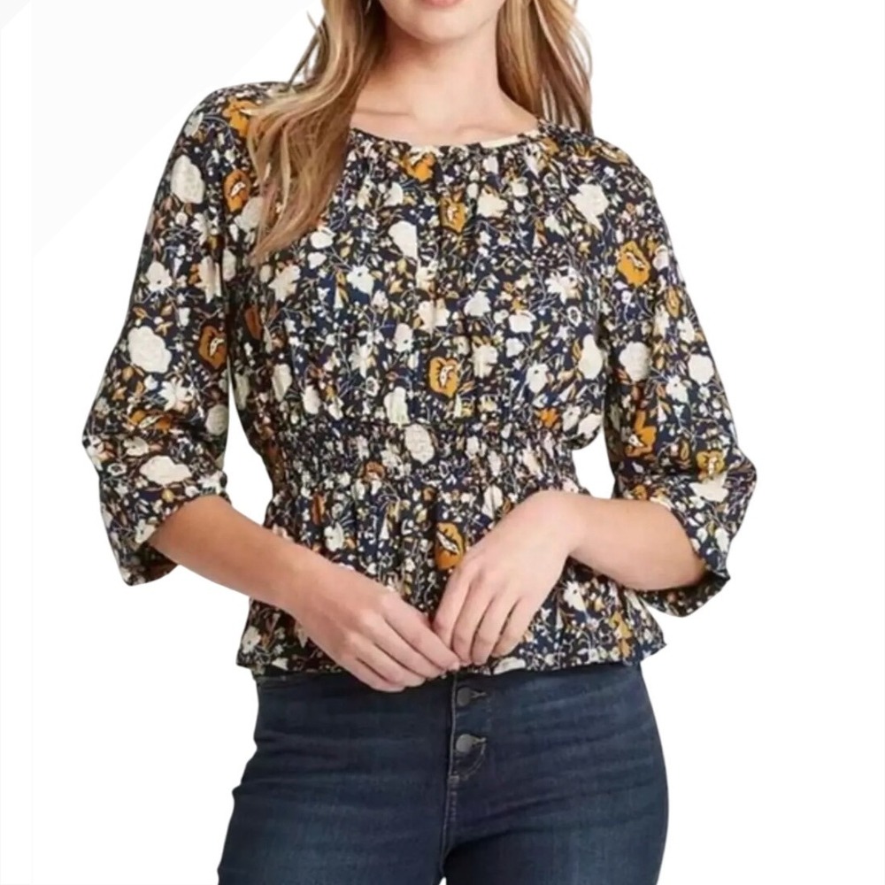 Universal Thread Floral Blouse Women's Small 3/4 Sleeve Smocked Waist